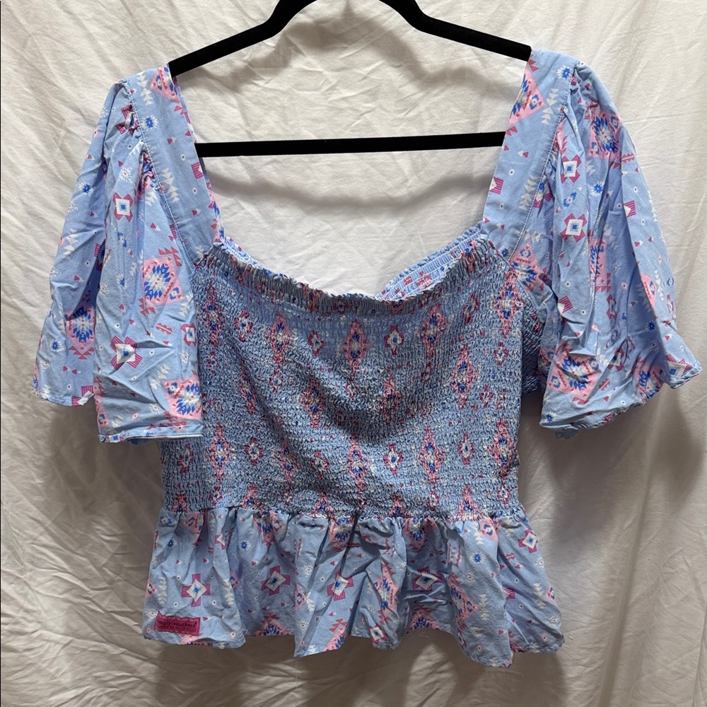 Simply Southern Pastel Blue and Pink Smocked Blouse